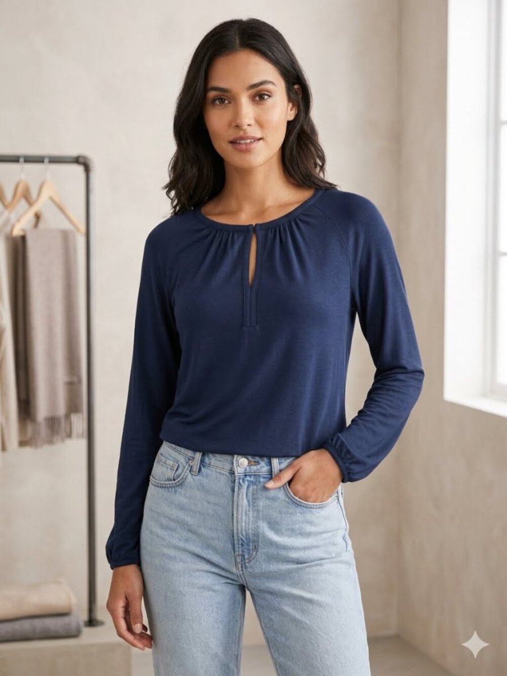 Banana Republic Factory Navy Long-Sleeve Keyhole Blouse